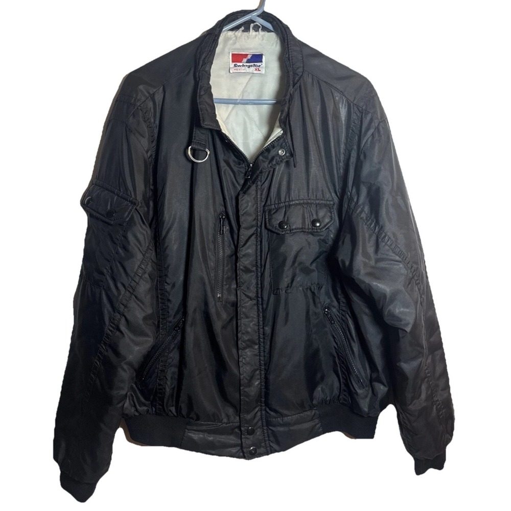 Vintage Swingster Bomber Jacket XL Black Nylon USA Made Quilted‎ Lining 80s